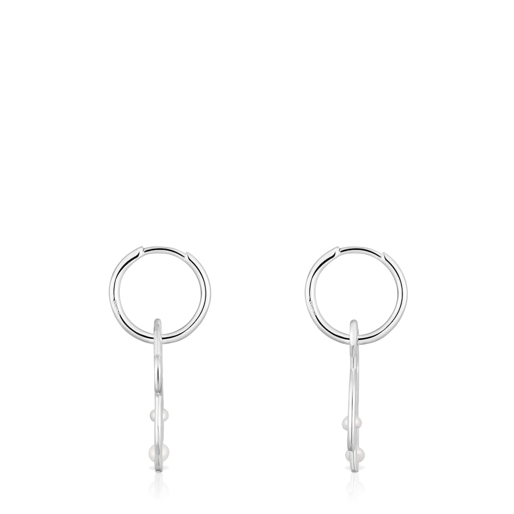 Silver Tsuri Bear hoop earrings with cultured pearls image number 1
