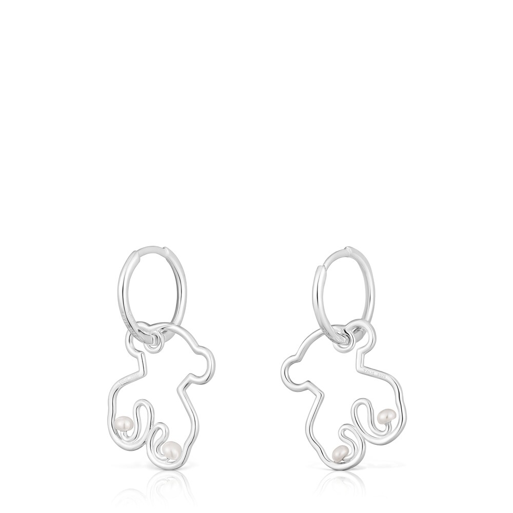 Silver Tsuri Bear hoop earrings with cultured pearls image number 2