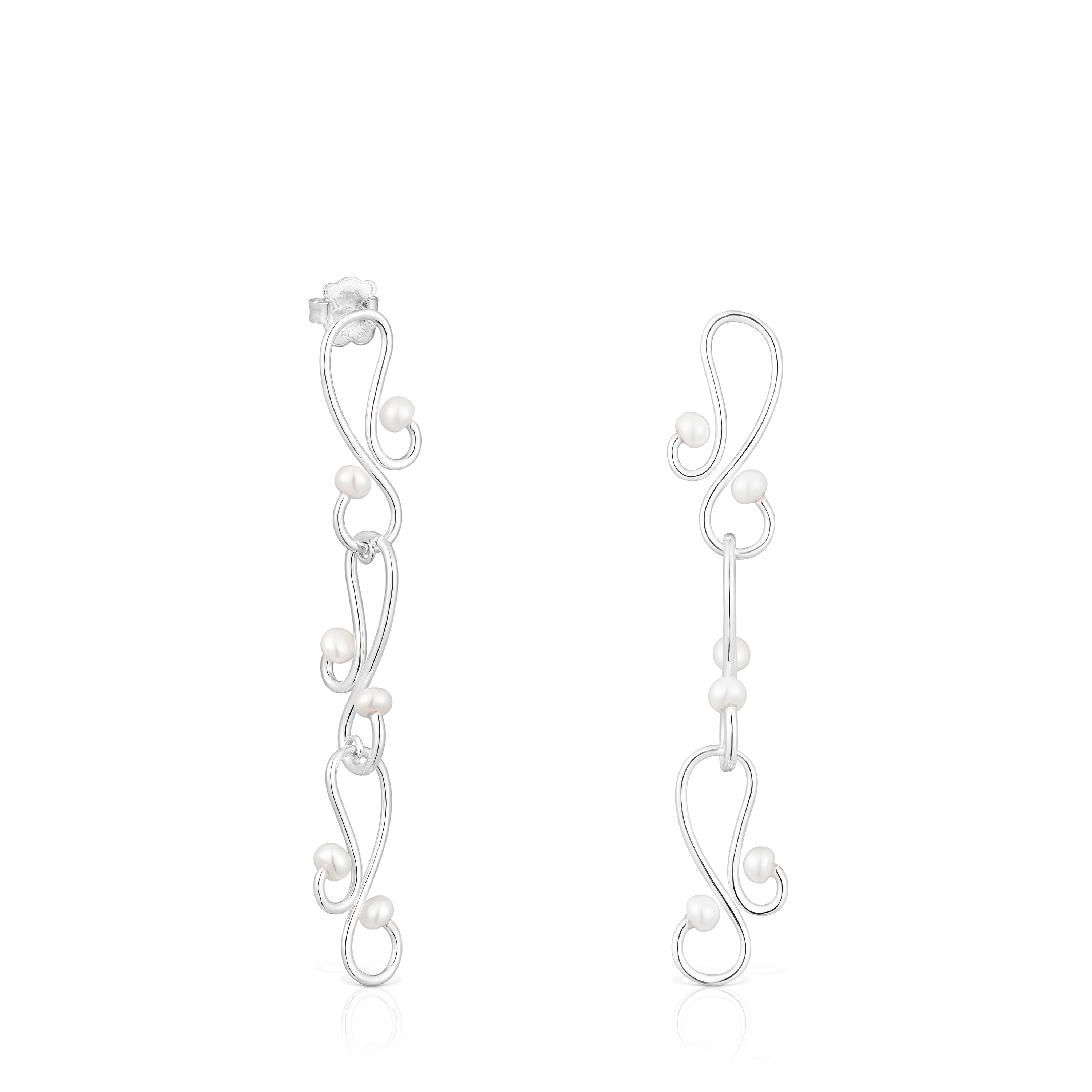 Pendientes largos con motivos de plata y perlas cultivadas Tsuri