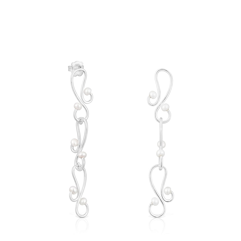 Long Tsuri Earrings with silver motifs and cultured pearls image number 0