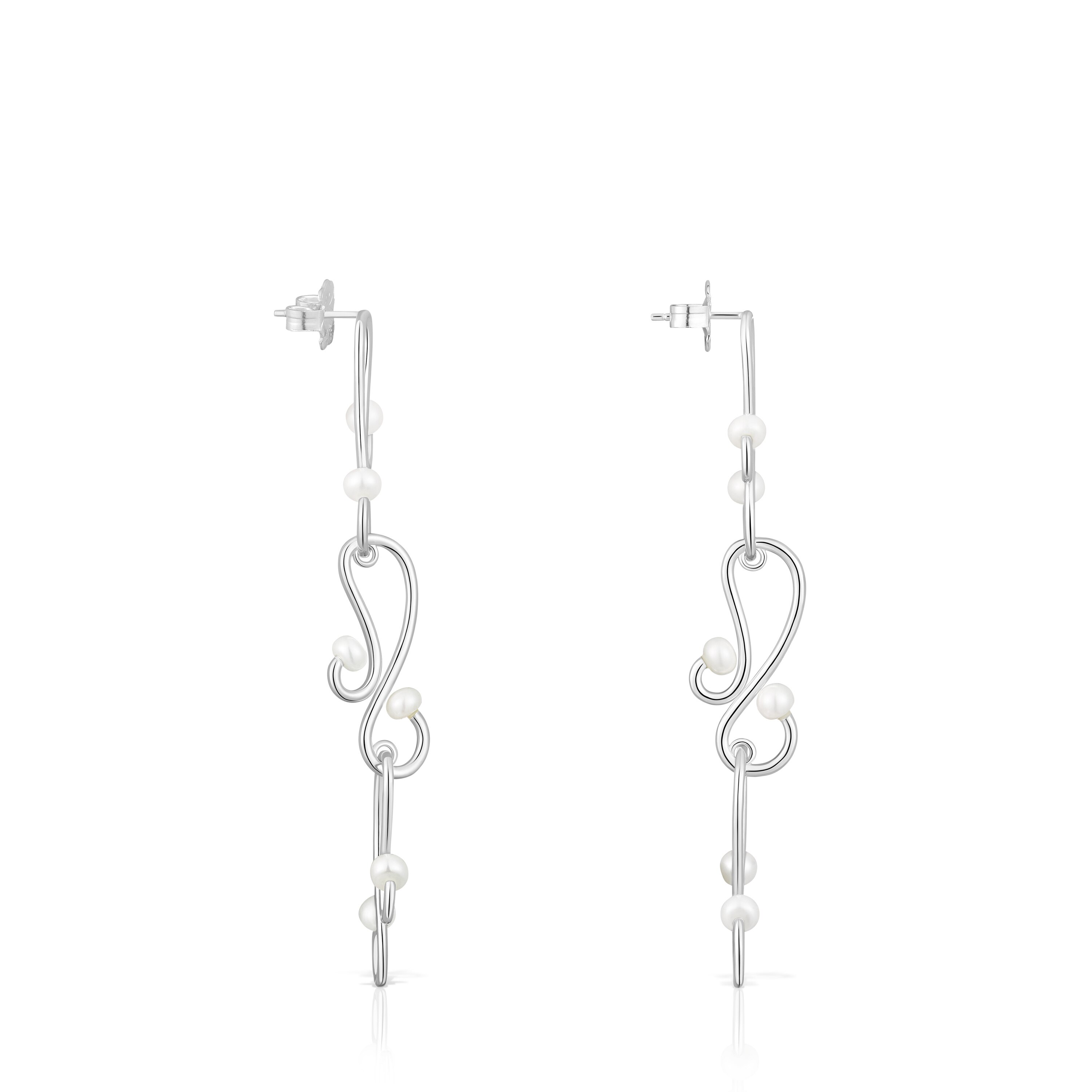 Pendientes largos con motivos de plata y perlas cultivadas Tsuri