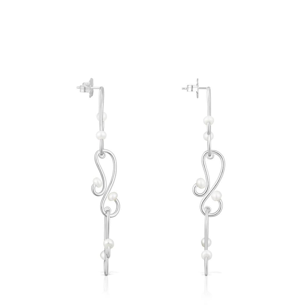 Long Tsuri Earrings with silver motifs and cultured pearls image number 1