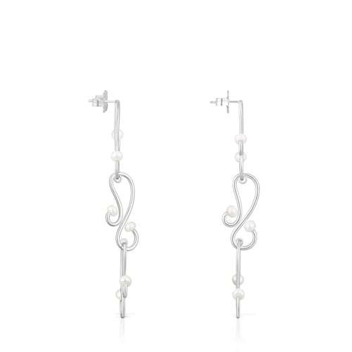 Long Tsuri Earrings with silver motifs and cultured pearls