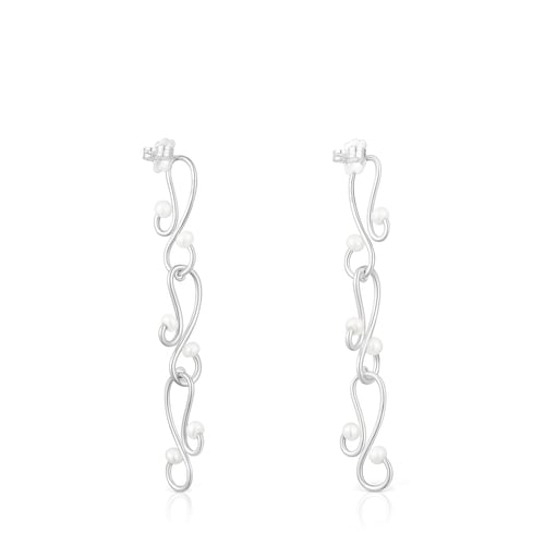 Long Tsuri Earrings with silver motifs and cultured pearls