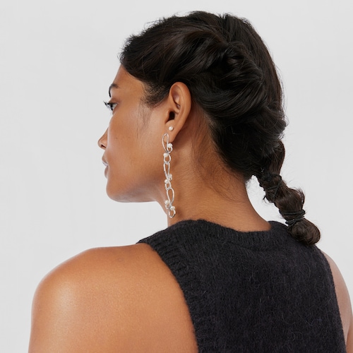 Long Tsuri Earrings with silver motifs and cultured pearls