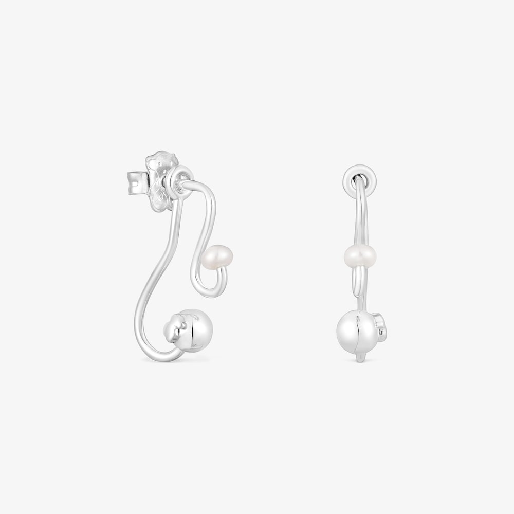 Dwuelementowe kolczyki Tsuri ze srebra, z motywem misia i perłami hodowanymi