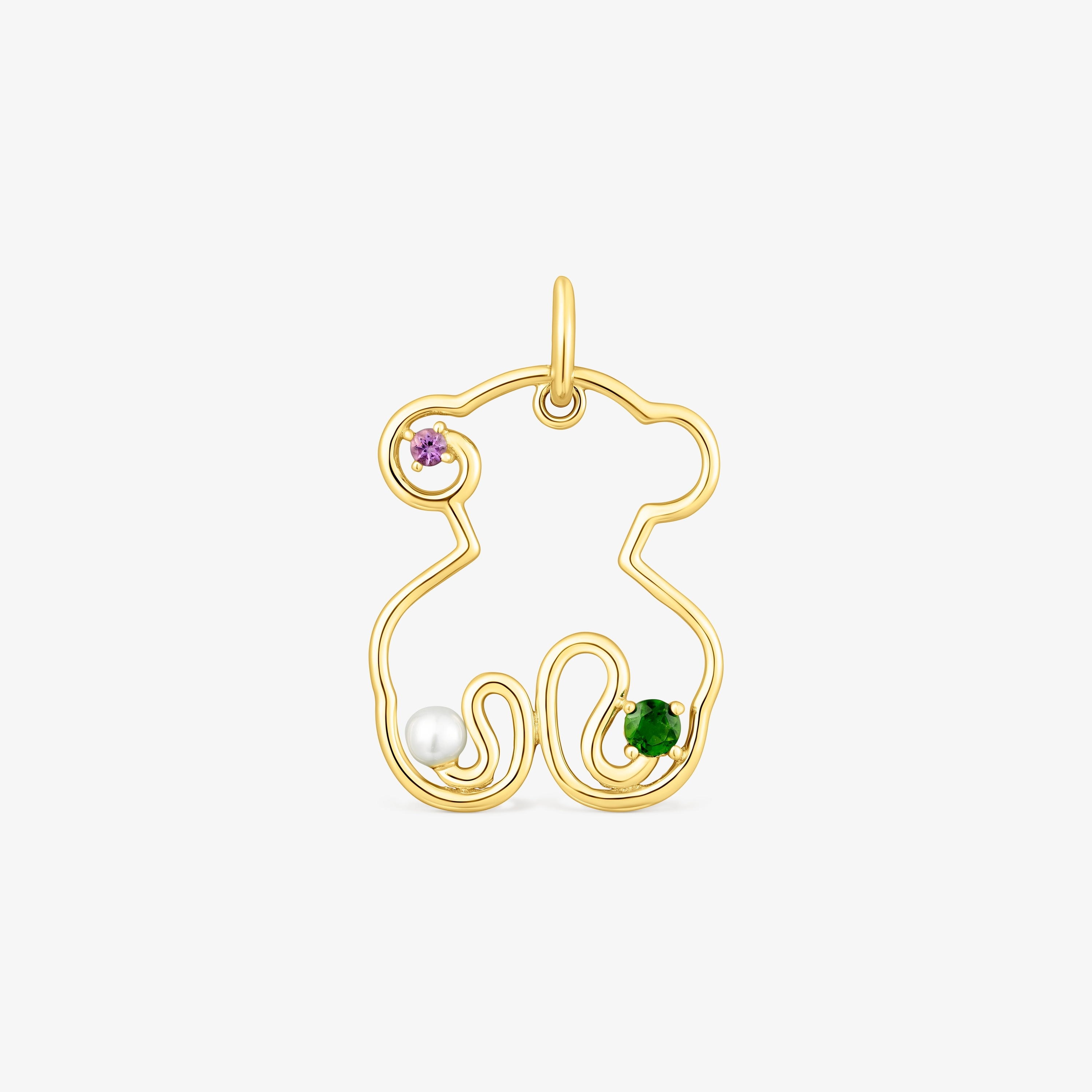 18K Solid Gold Tsuri Bear pendant with gemstones and a cultured pearl