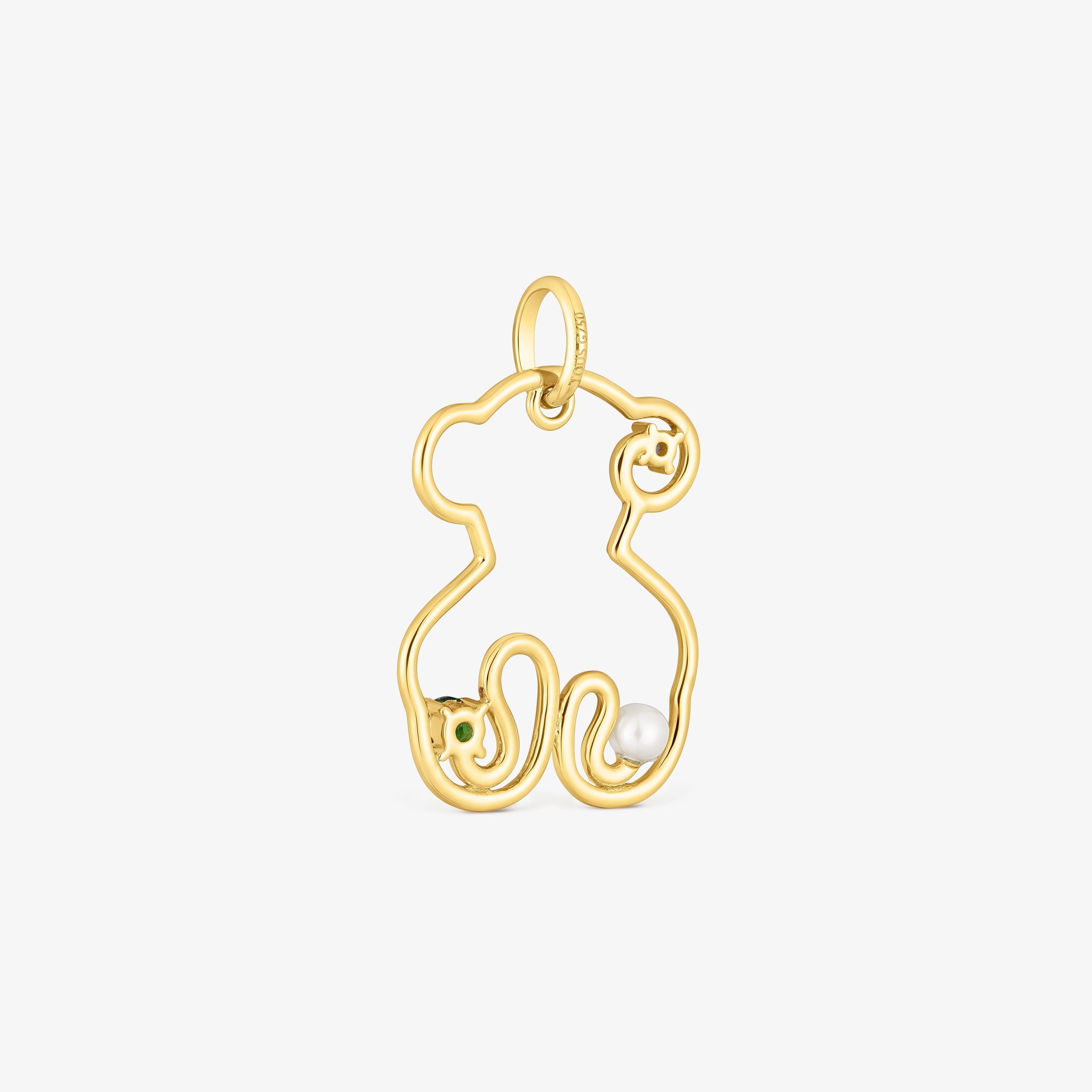 18K Solid Gold Tsuri Bear pendant with gemstones and a cultured pearl