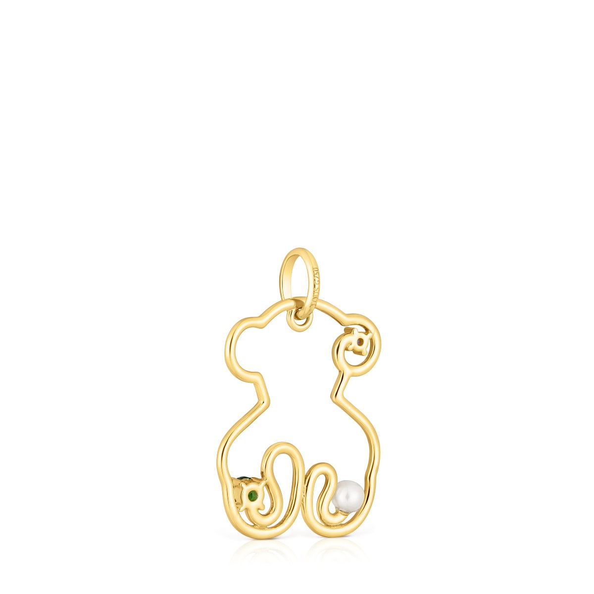 Gold Tsuri Bear pendant with gemstones and a cultured pearl