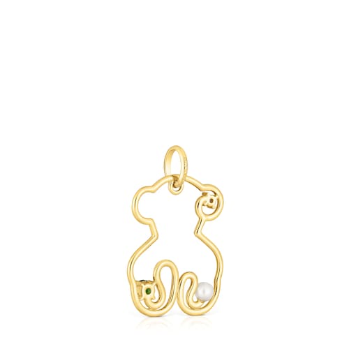 Gold Tsuri Bear pendant with gemstones and a cultured pearl