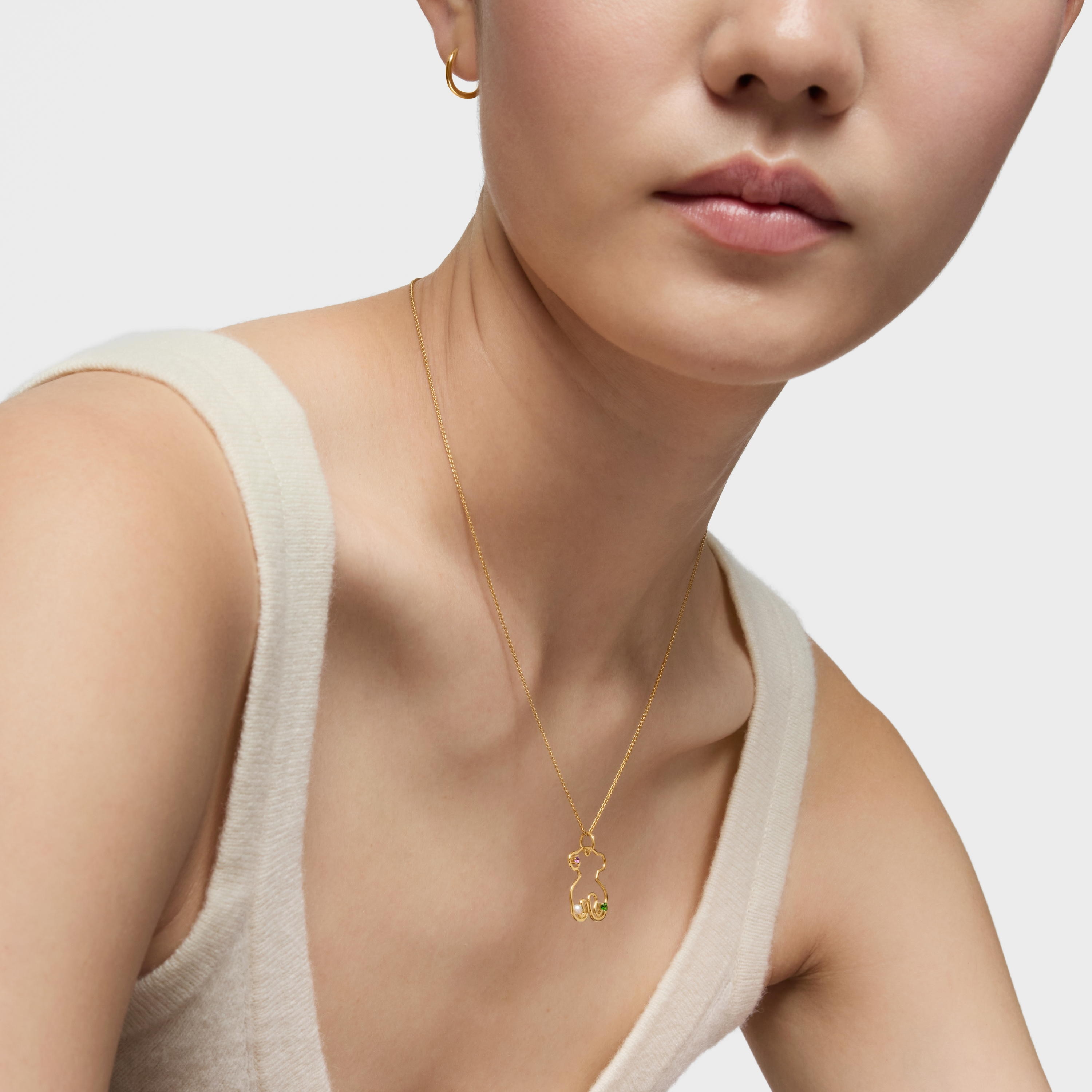 18K Solid Gold Tsuri Bear pendant with gemstones and a cultured pearl