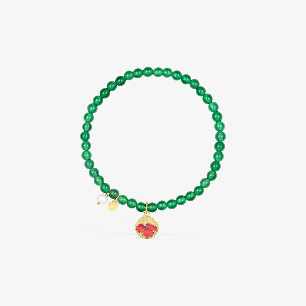 Pulsera el&aacute;stica de calcedonia y motivo con ba&ntilde;o de oro 18 kt sobre plata y flor Maga