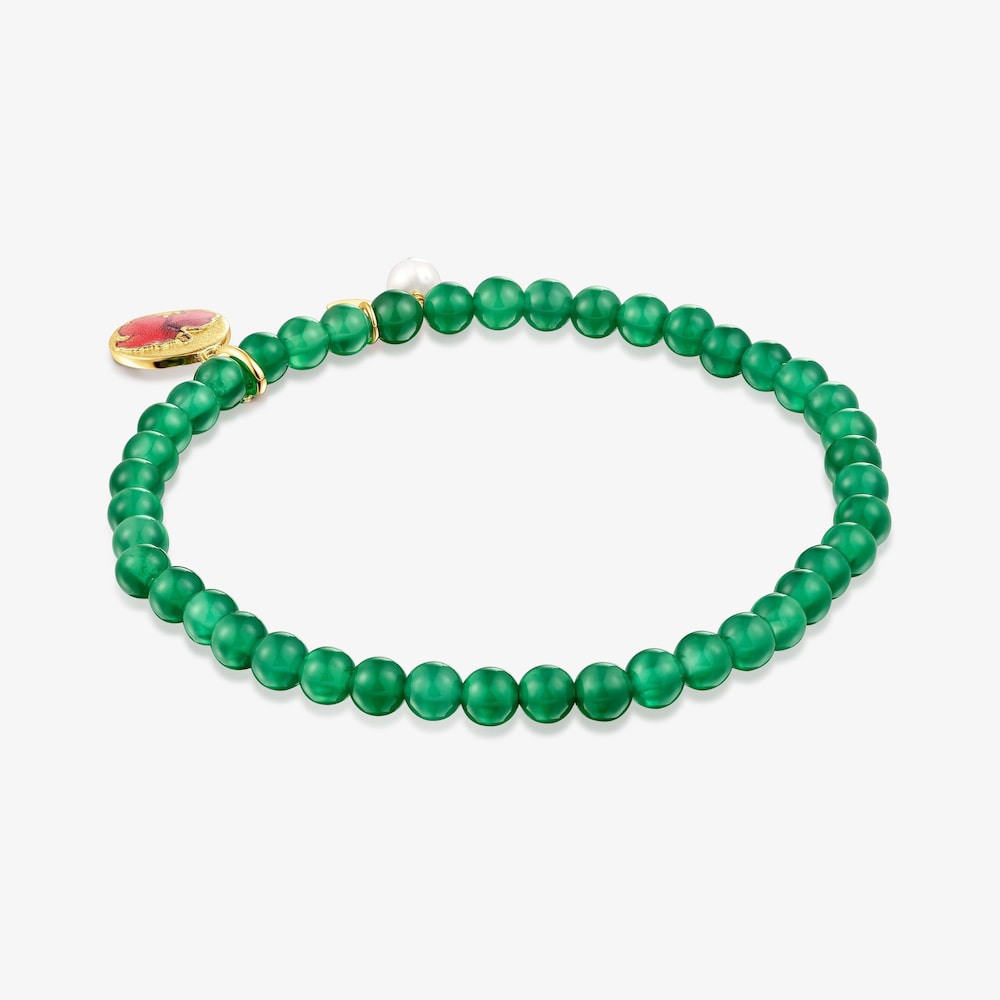 Pulsera el&aacute;stica de calcedonia y motivo con ba&ntilde;o de oro 18 kt sobre plata y flor Maga