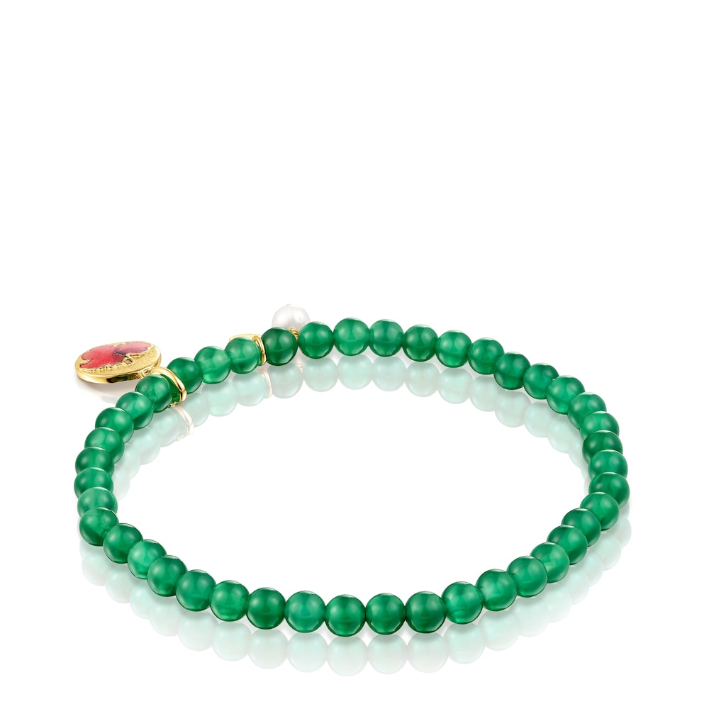 Pulsera elástica de calcedonia y motivo con baño de oro 18 kt sobre plata y flor Maga image number 2