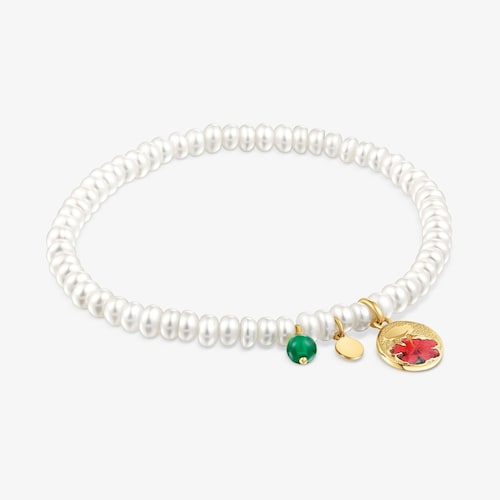 Pulsera el&aacute;stica de perlas cultivadas y motivo con ba&ntilde;o de oro 18 kt sobre plata y oso y flor Maga