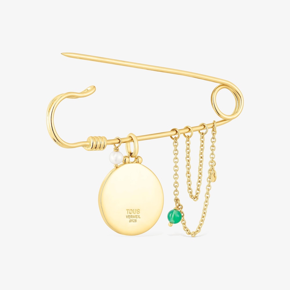 Silver vermeil Maga Brooch with cultured pearl, chalcedony, bear and flower