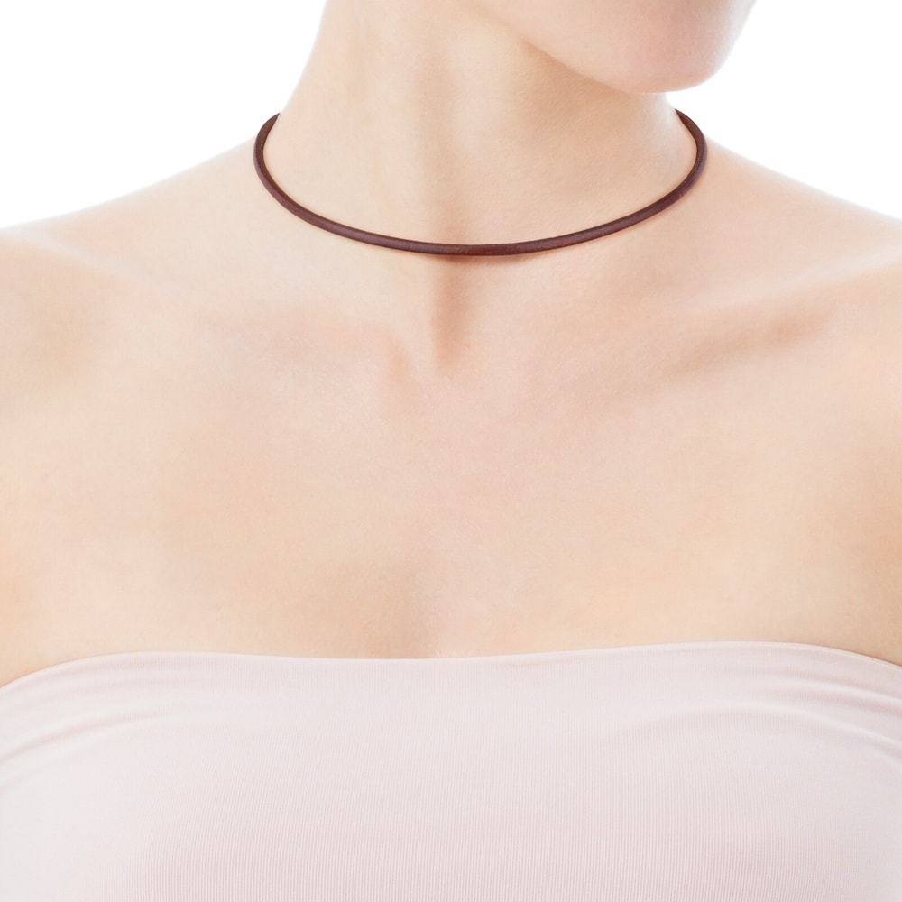 42&nbsp;cm brown 3&nbsp;mm Leather TOUS Chokers Choker with 18K Solid Gold Clasp.