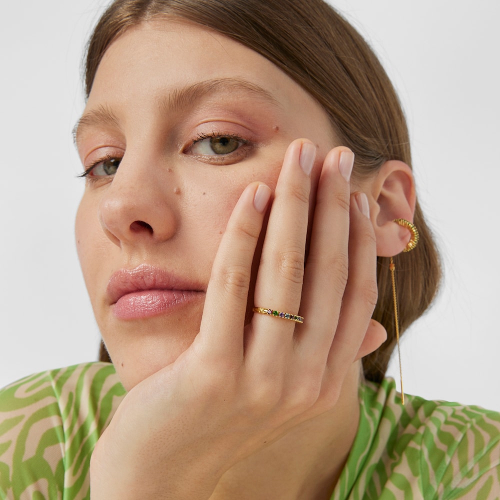 Anillo media alianza con ba&ntilde;o de oro 18 kt sobre plata y gemas TOUS Straight