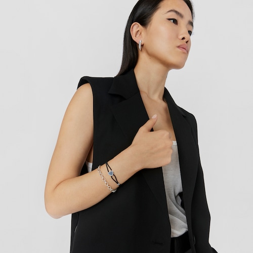 Pulsera elástica negra con corazón de plata Sweet Dolls