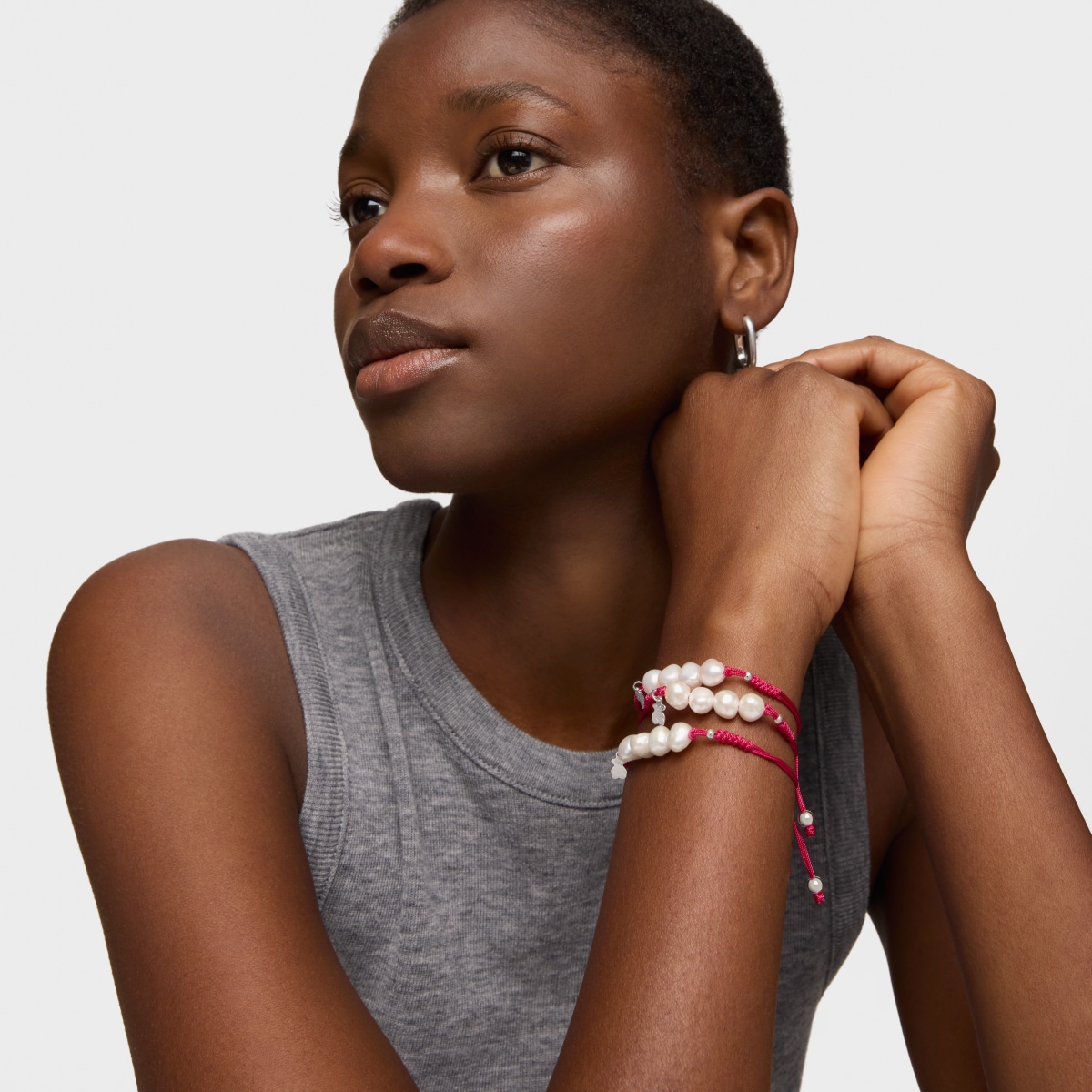 Pulsera de cordón fucsia, plata y perlas TOUS Pearls