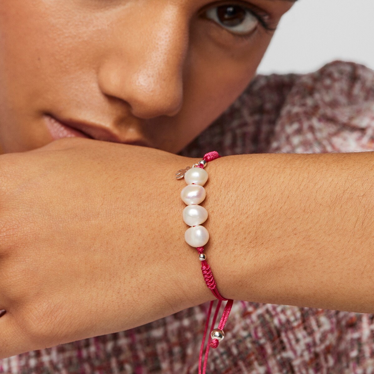 Pulsera de cordón fucsia, plata y perlas TOUS Pearls