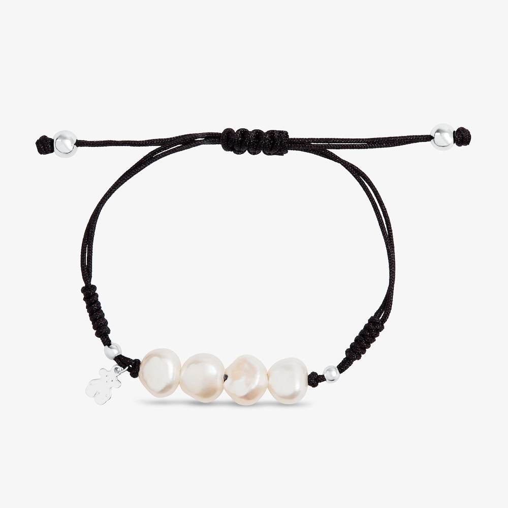 Pulsera de cord&oacute;n negro, plata y perlas TOUS Pearls