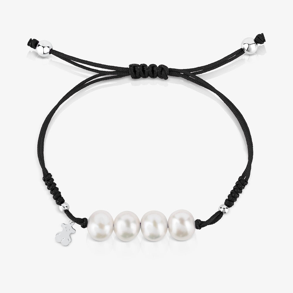 Pulsera de cord&oacute;n negro, plata y perlas TOUS Pearls