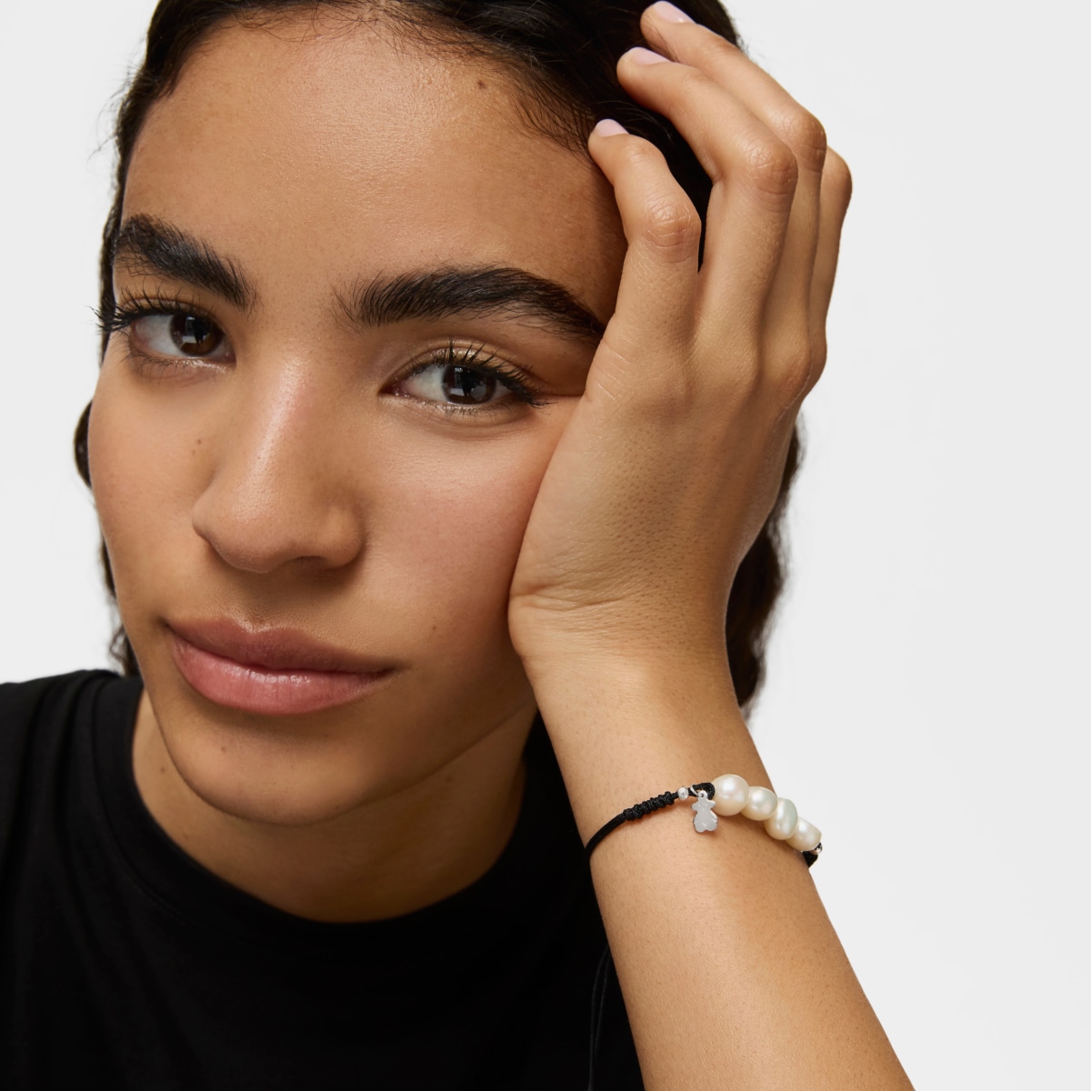 Pulsera de cordón negro, plata y perlas TOUS Pearls