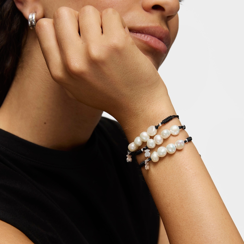 Pulsera de cord&oacute;n negro, plata y perlas TOUS Pearls