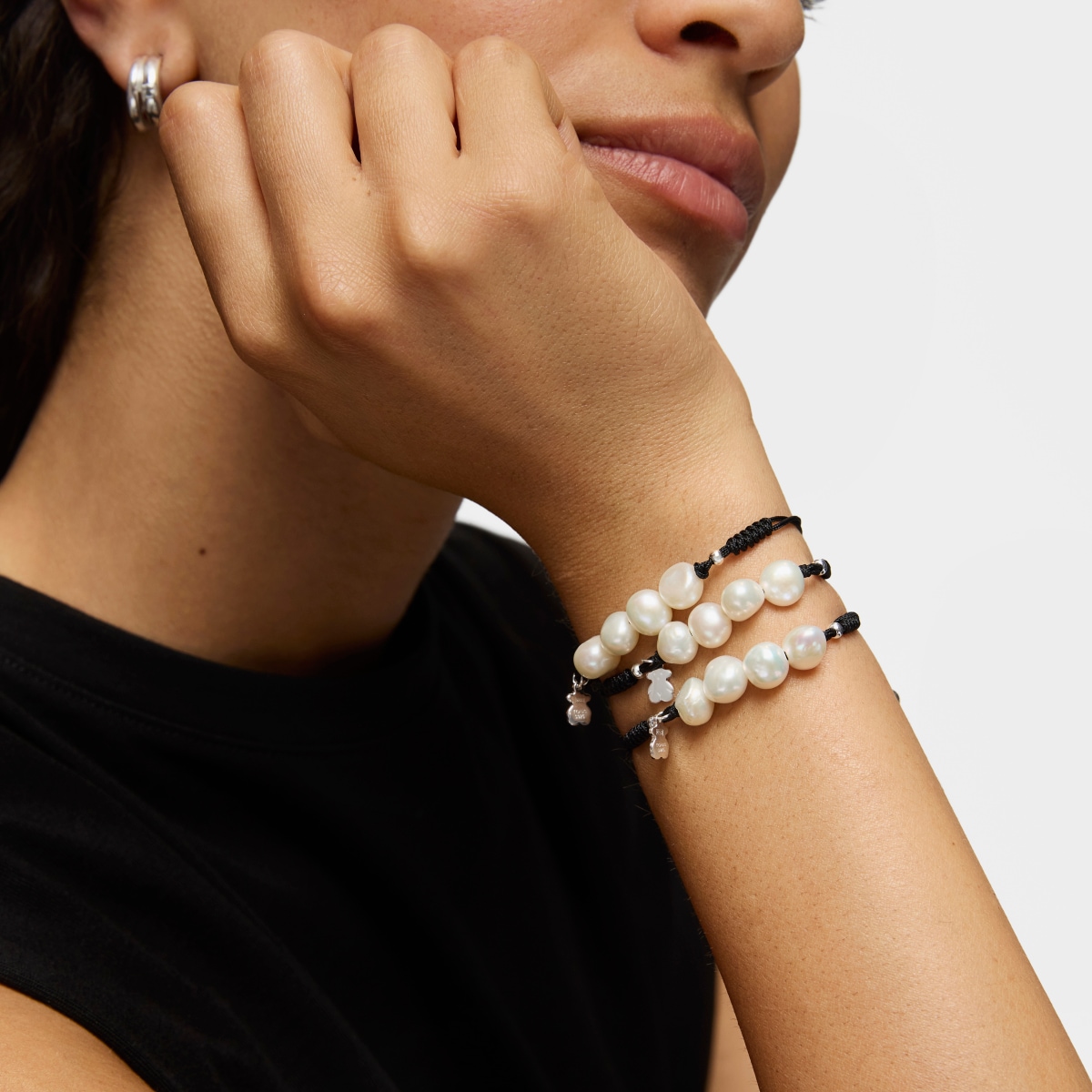 Pulsera de cordón negro, plata y perlas TOUS Pearls