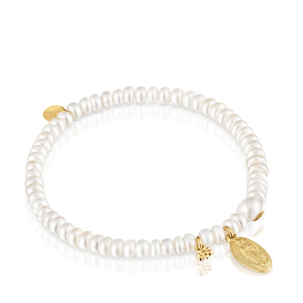 Pulsera el&aacute;stica de perlas cultivadas y plata con ba&ntilde;o de oro 18 kt sobre plata Virgen de Guadalupe Devoci&oacute;n image number 0