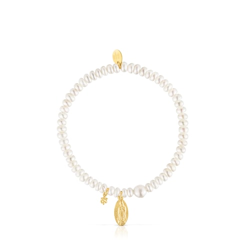 Pulsera el&aacute;stica de perlas cultivadas y plata con ba&ntilde;o de oro 18 kt sobre plata Virgen de Guadalupe Devoci&oacute;n