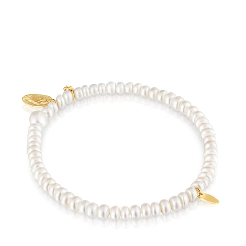 Pulsera el&aacute;stica de perlas cultivadas y plata con ba&ntilde;o de oro 18 kt sobre plata Virgen de Guadalupe Devoci&oacute;n