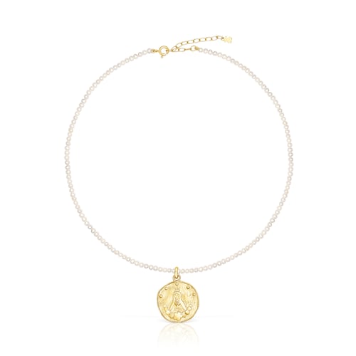 Collar de perlas cultivadas y medalla con baño de oro 18 kt sobre plata Virgen de Guadalupe Devoción