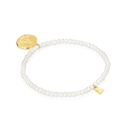 Pulsera elástica de perlas cultivadas y medalla con baño de oro 18 kt sobre plata Virgen de Guadalupe Devoción