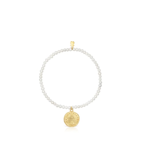 Pulsera elástica de perlas cultivadas y medalla con baño de oro 18 kt sobre plata Virgen de Guadalupe Devoción