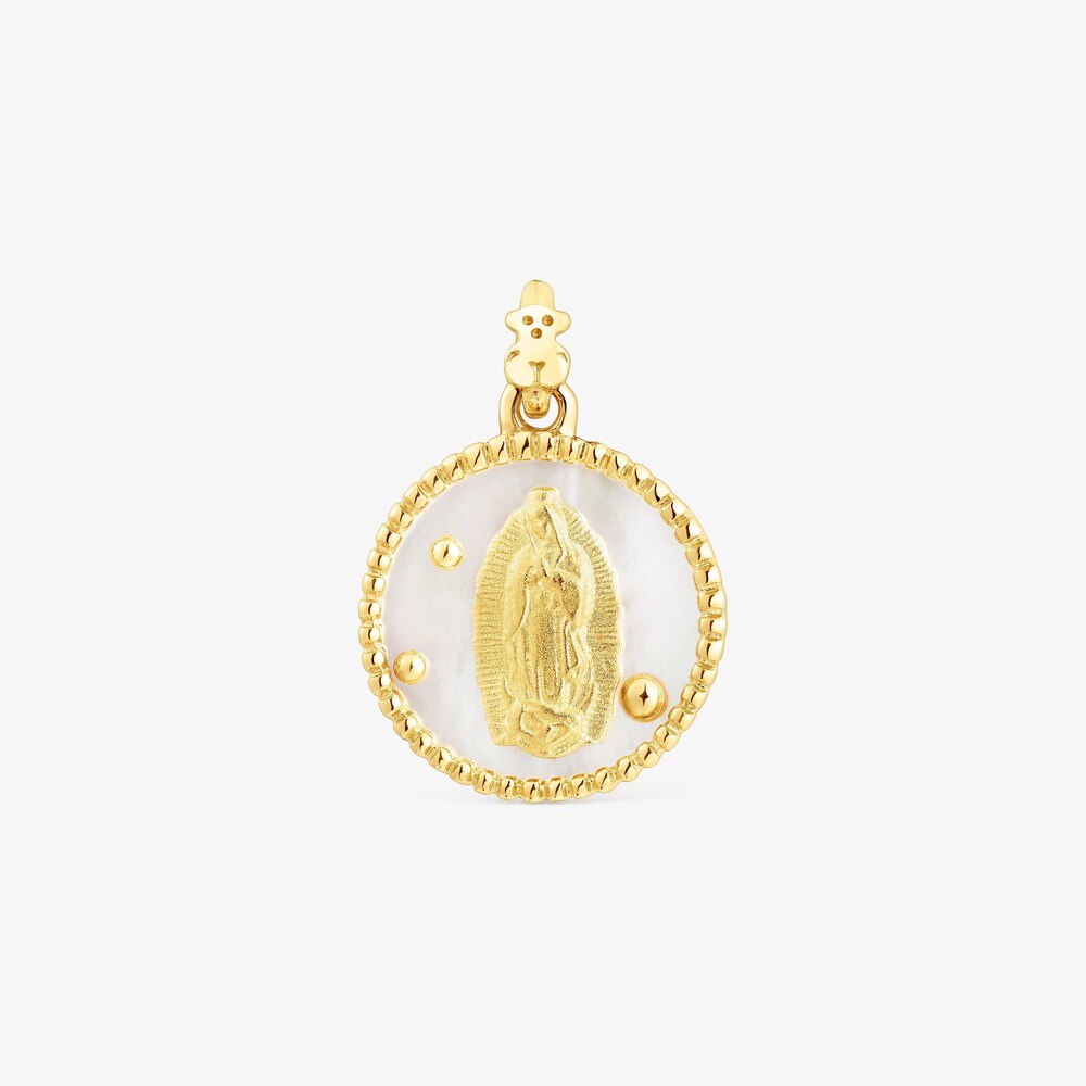 Medalla peque&ntilde;a con ba&ntilde;o de oro 18 kt sobre plata y n&aacute;car Virgen de Guadalupe Devoci&oacute;n