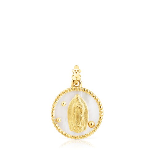 Medalla peque&ntilde;a con ba&ntilde;o de oro 18 kt sobre plata y n&aacute;car Virgen de Guadalupe Devoci&oacute;n image number 0