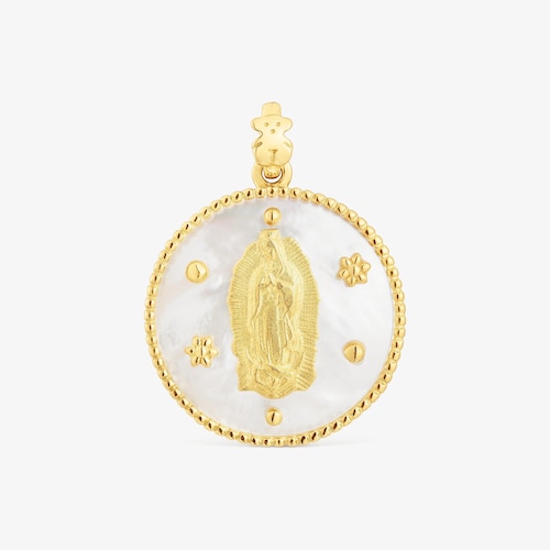 Medalla con ba&ntilde;o de oro 18 kt sobre plata y n&aacute;car Virgen de Guadalupe Devoci&oacute;n