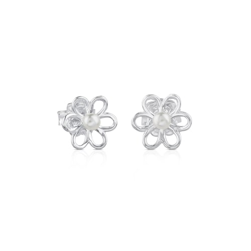 Silver and 0,35cm pearls TOUS Maggie Earrings with Flower motif