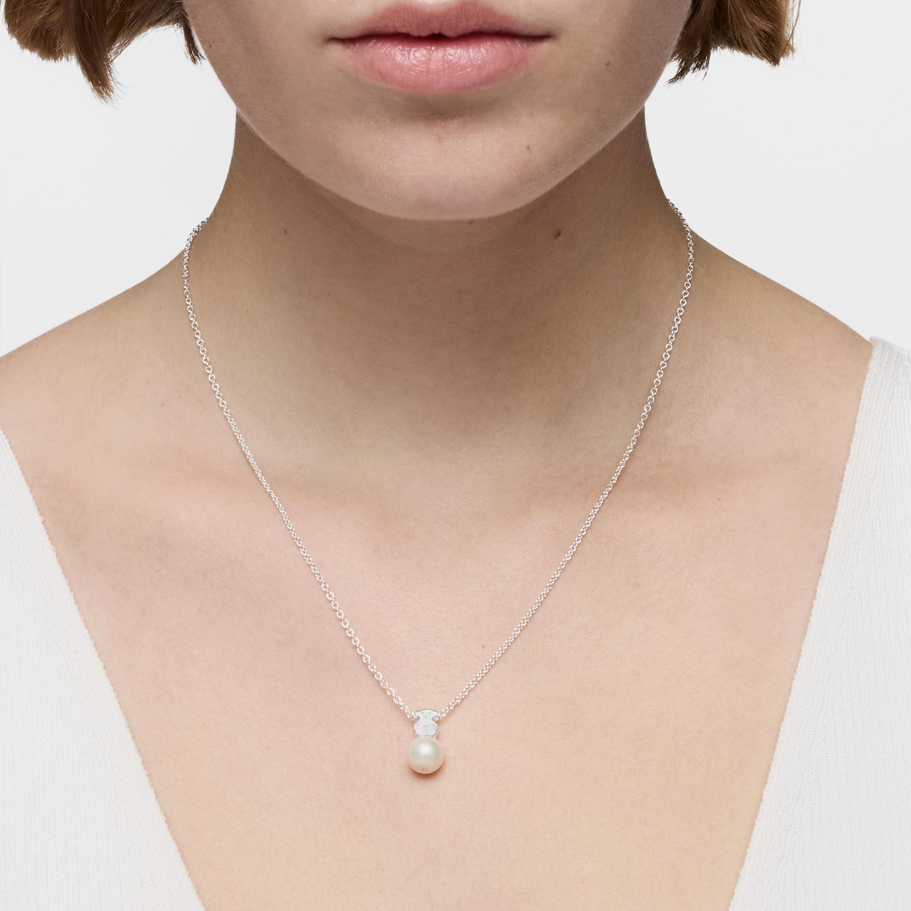 Silver TOUS Sweet Dolls Necklace with Pearls and Bear motif