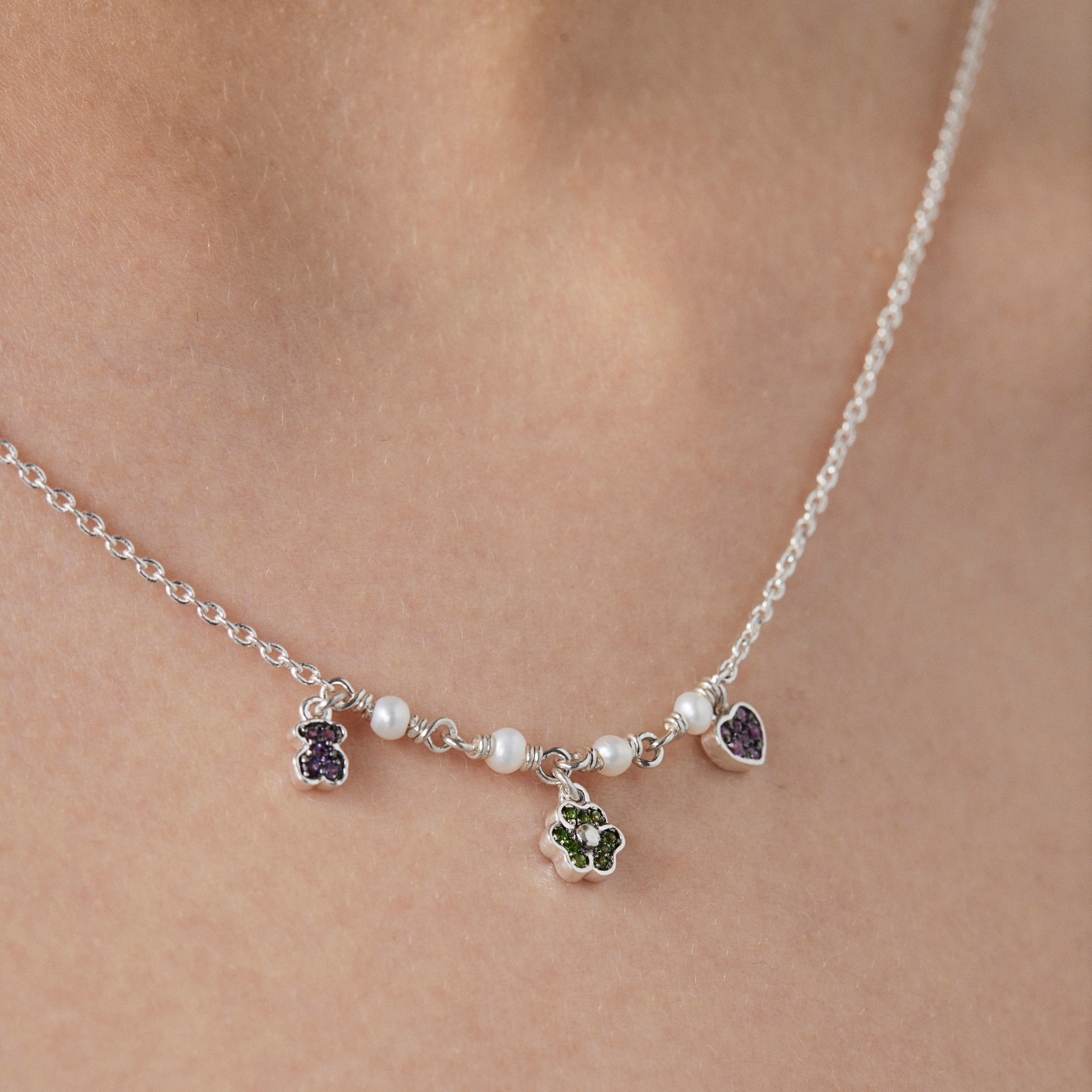 Silver TOUS New Motif Necklace with gemstones and pearls