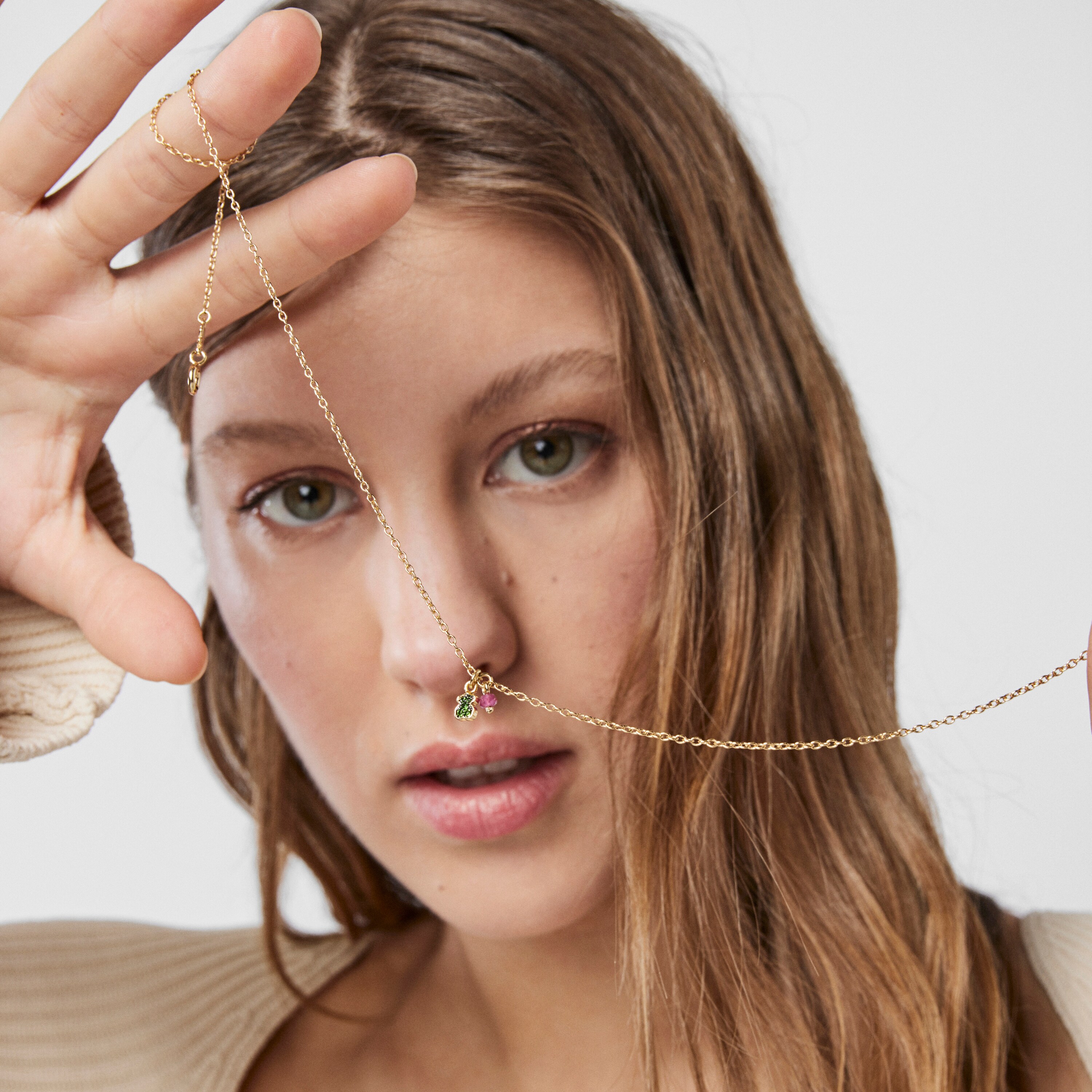 Silver vermeil TOUS New Motif Necklace with chrome diopside bear
