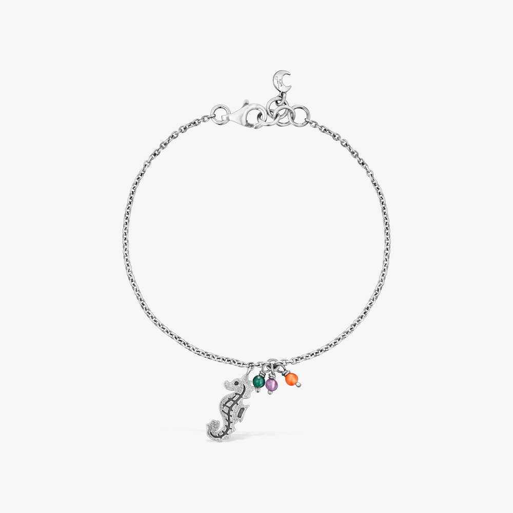 Pulsera de plata con motivo caballito de mar y gemas Save Ocean