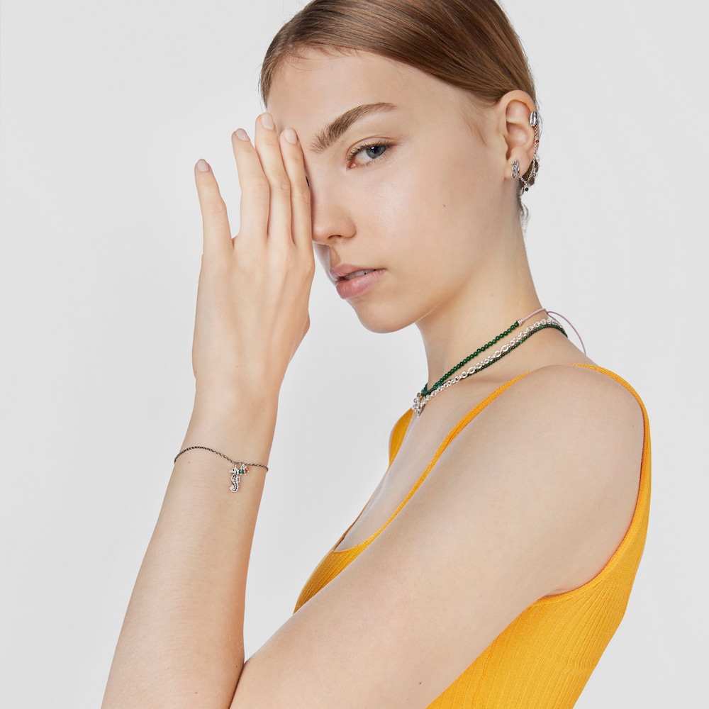 Pulsera de plata con motivo caballito de mar y gemas Save Ocean