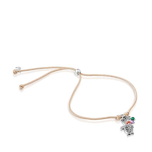 Beige cord Save Ocean Bracelet with tortoise charm and gemstones image number 0