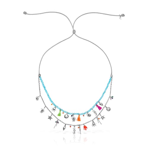 Collar doble de cord&oacute;n beige, magnesita, plata y motivos Save Ocean