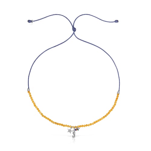 Collar de cord&oacute;n azul, cuarzo y motivo caballito de mar Save Ocean