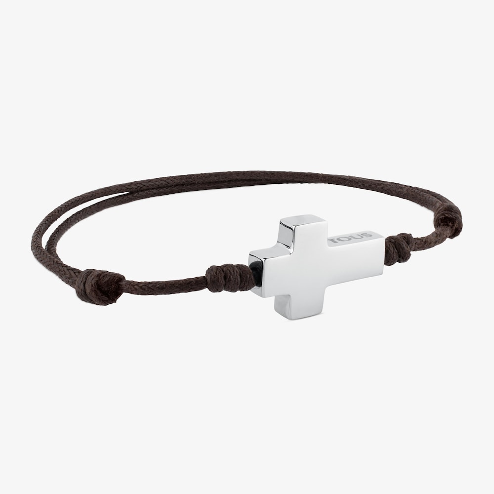 Pulsera de acero y cord&oacute;n marr&oacute;n TOUS Cruz