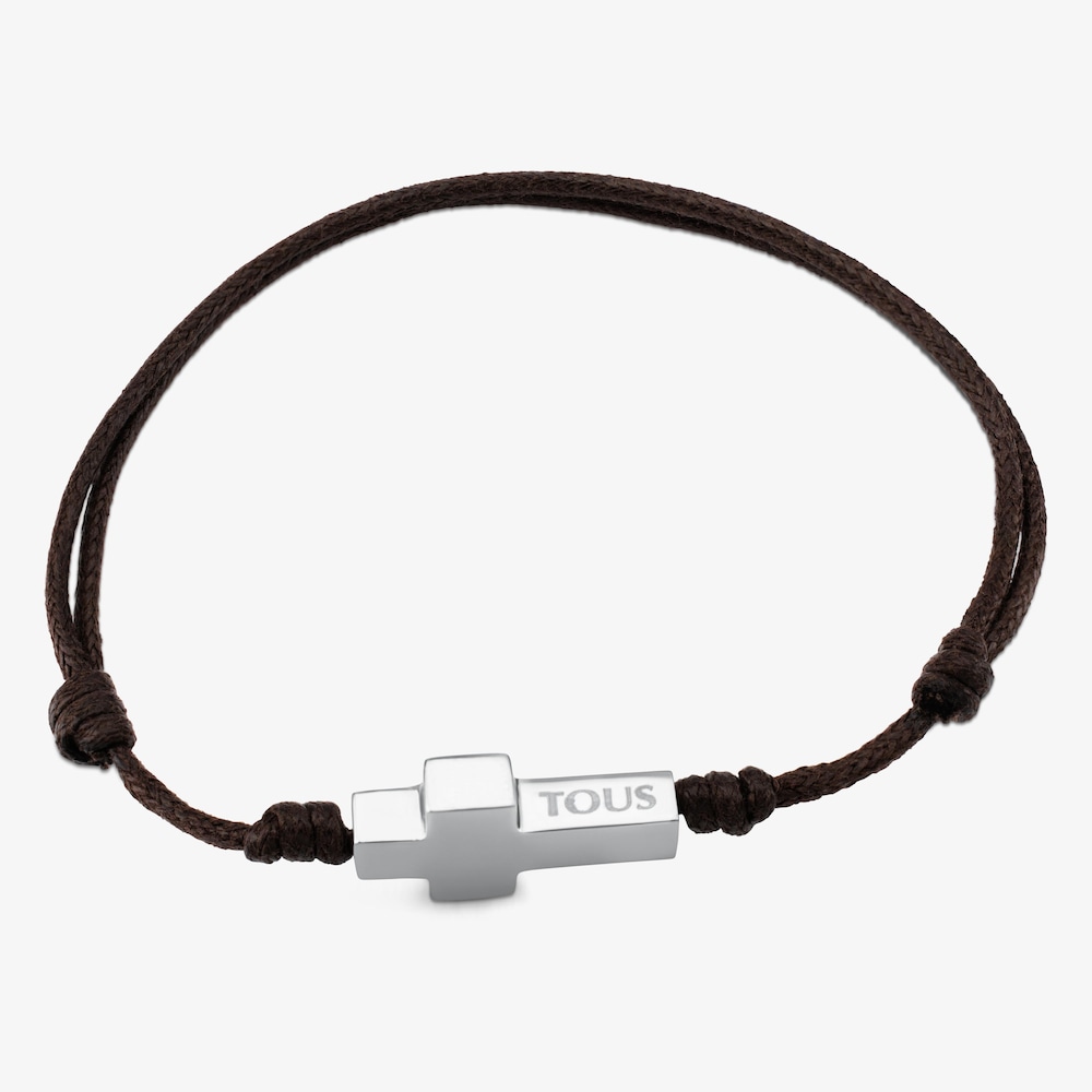 Pulsera de acero y cord&oacute;n marr&oacute;n TOUS Cruz